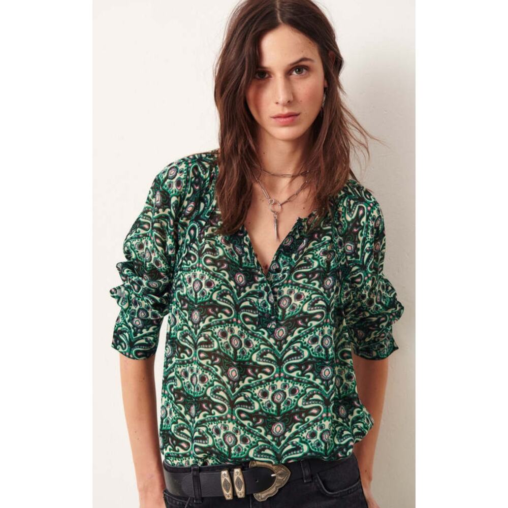 Ba&sh Fel Green Paisley Pleated Georgette Semi Sheer Blouse 6 M $260